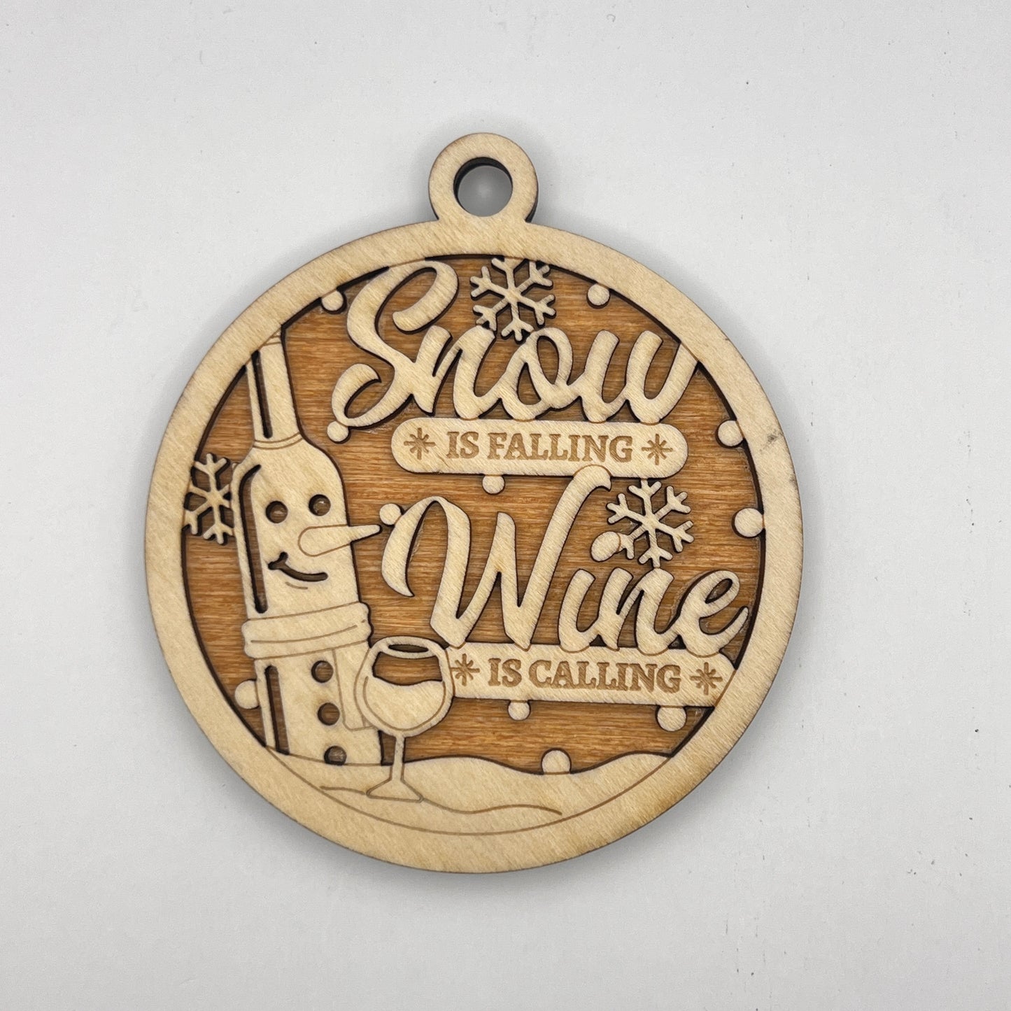 "Snow is Falling, Wine is Calling" - Wooden Layered Ornament / Magnet / Coaster