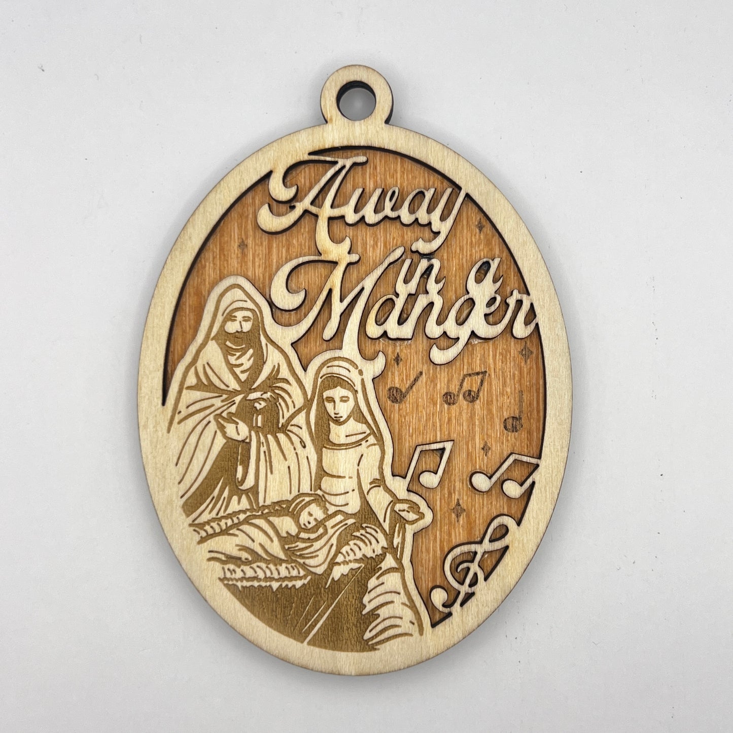 "Away in a Manger" Oval Wooden Layered Ornament