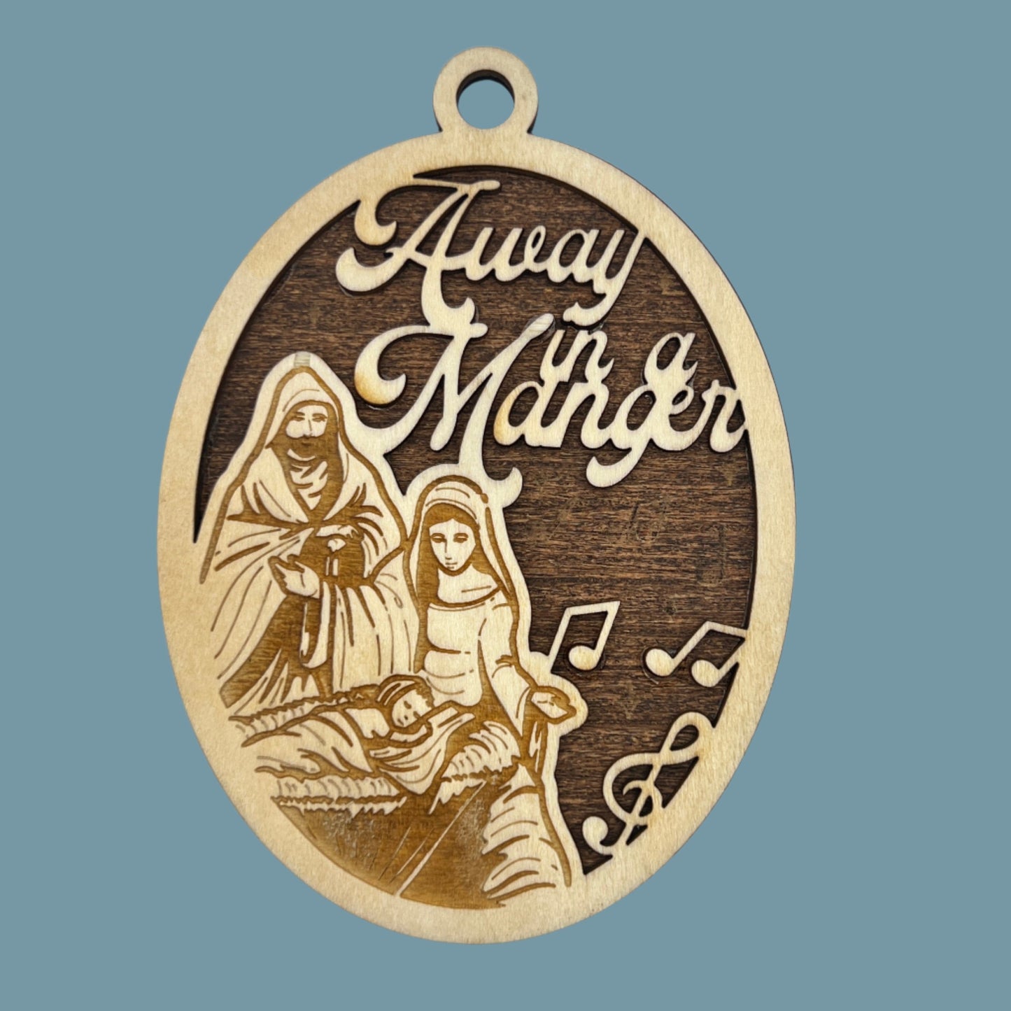 "Away in a Manger" Oval Wooden Layered Ornament