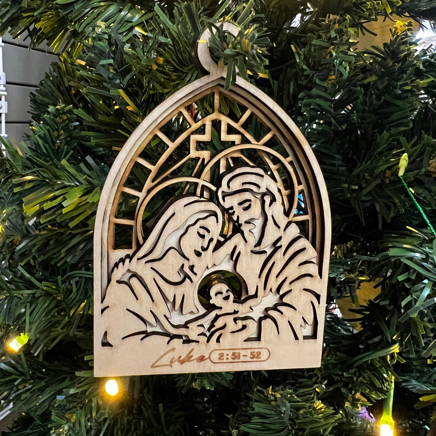"Holy Family : Luke 2:51-52" Arched Wooden Layered Ornament