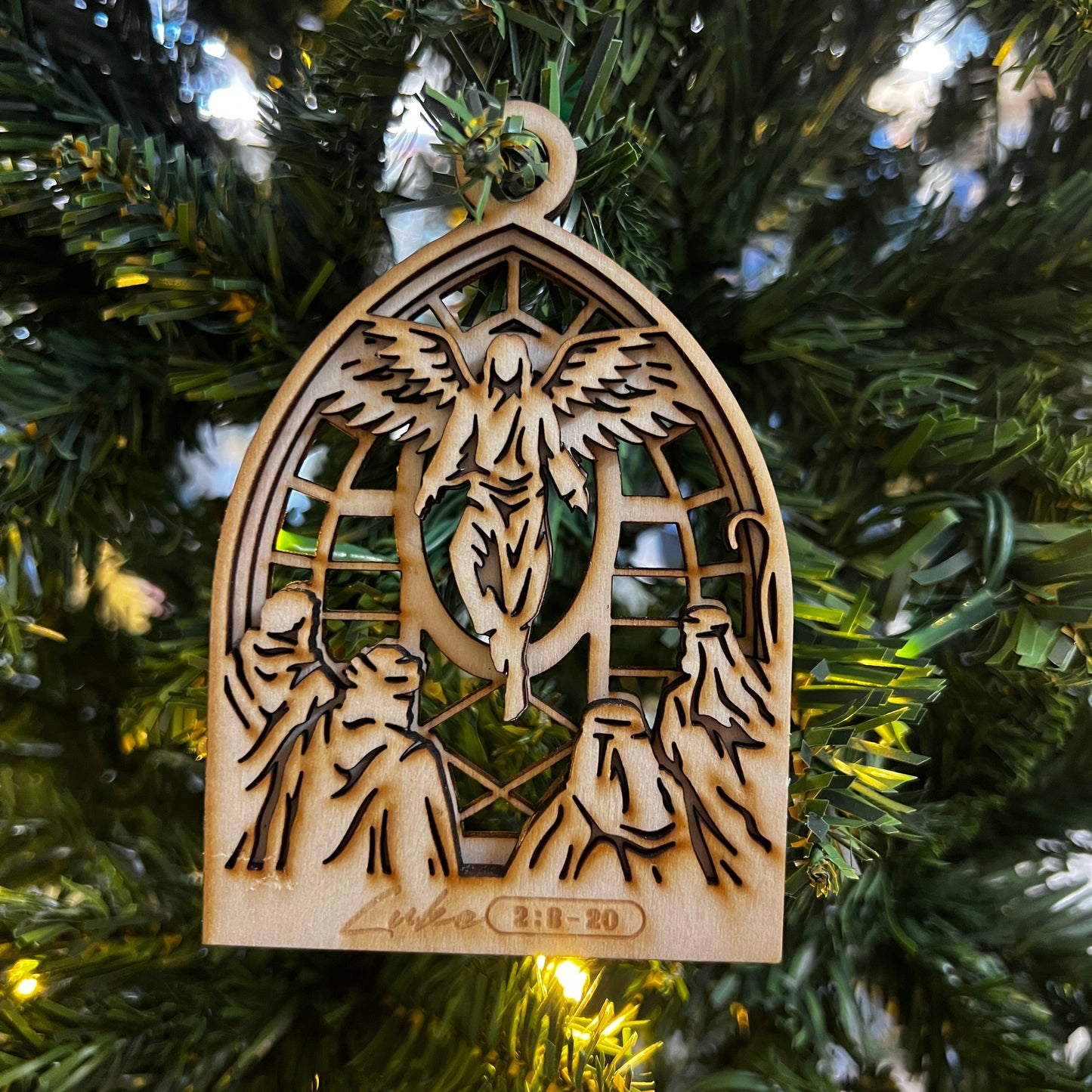 "Angel & Shepherds : Luke 2:8-20" Arched Wooden Layered Ornament