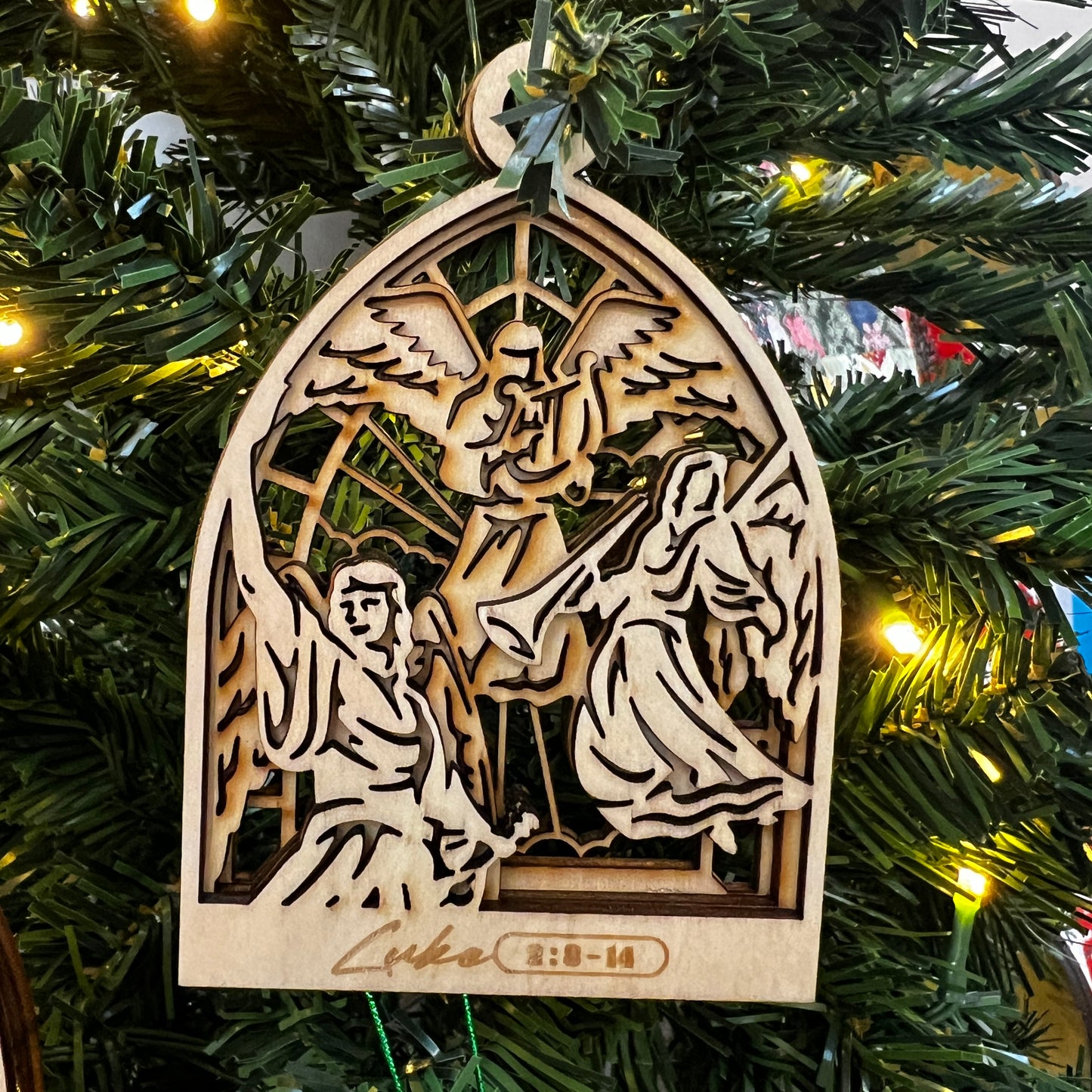 "Angels: Luke 2:8-14" Arched Wooden Layered Ornament
