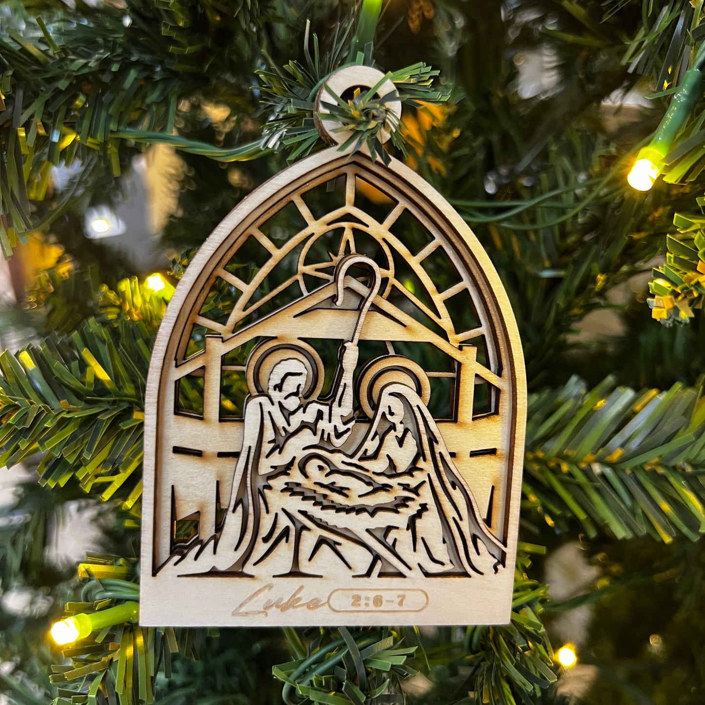"Manger : Luke 2:6-7" Arched Wooden Layered Ornament