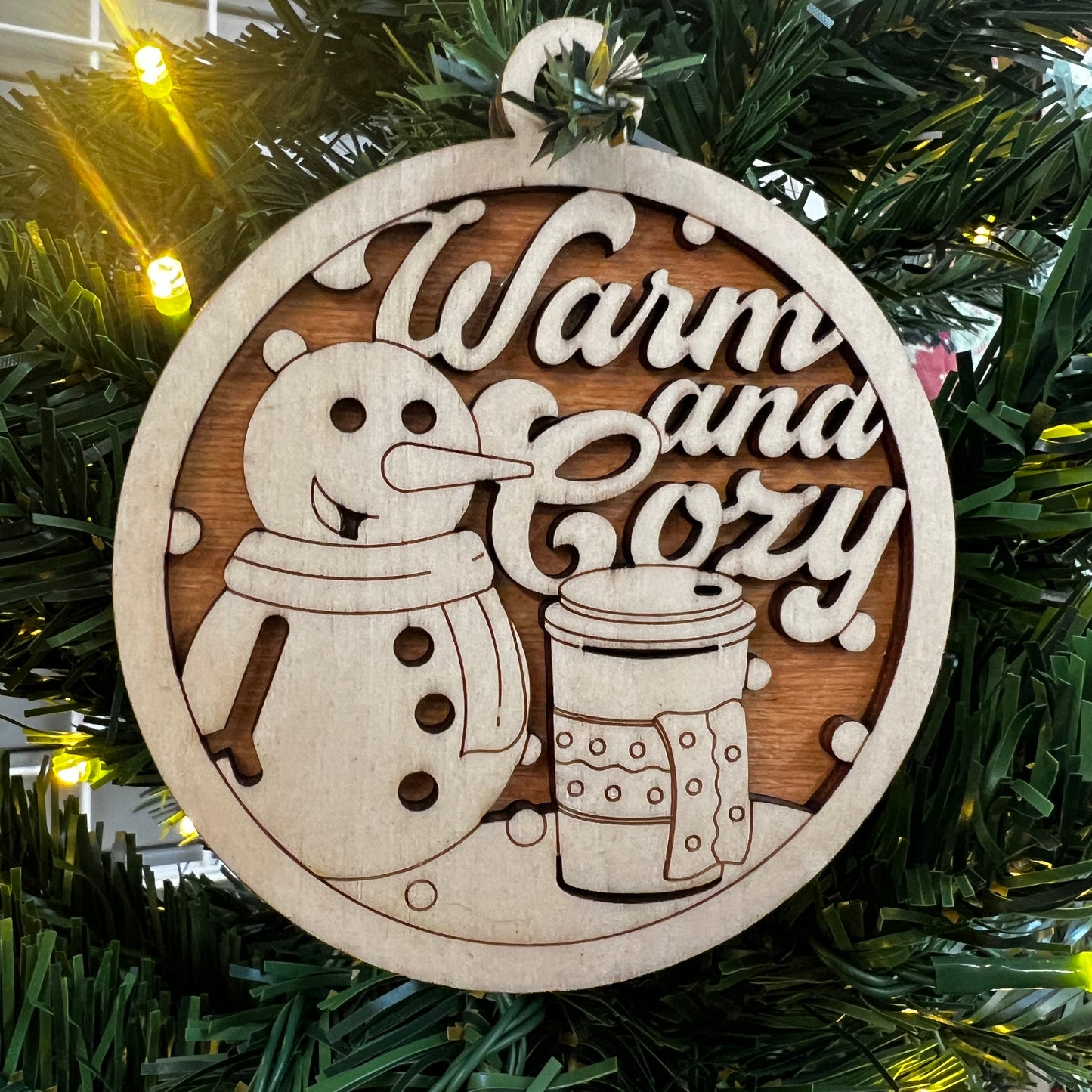 "Warm and Cozy" Wooden Layered Ornament / Magnet / Coaster