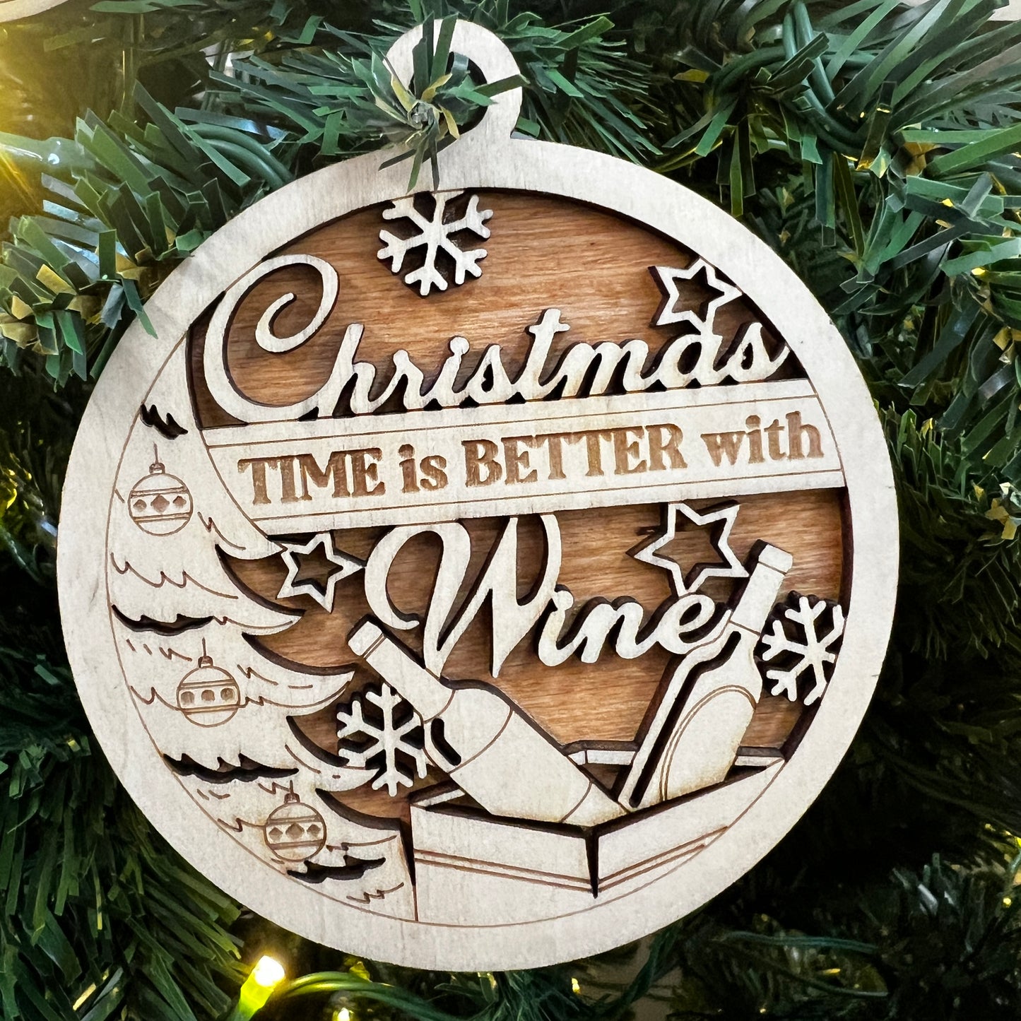 "Christmas Time is Better with Wine" Wooden Layered Ornament / Magnet / Coaster