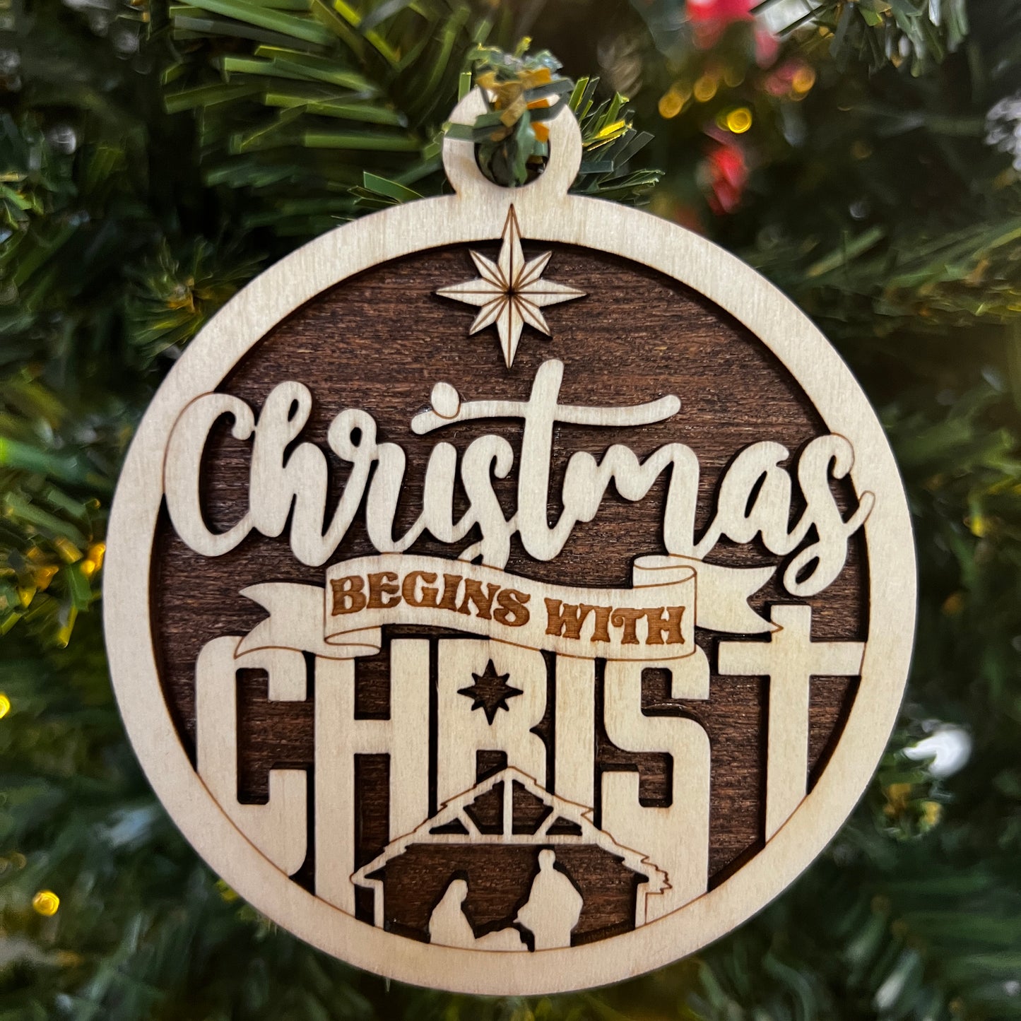 "Christmas Begins with Christ" Wooden Layered Ornament / Magnet / Coaster