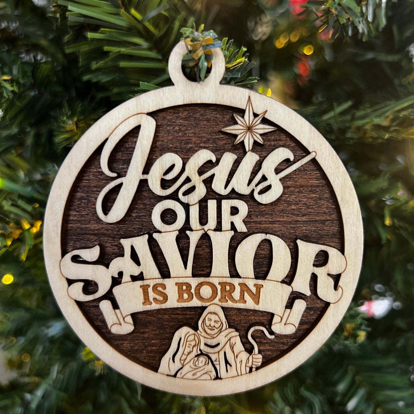 "Jesus Our Savior is Born" Wooden Layered Ornament / Magnet / Coaster