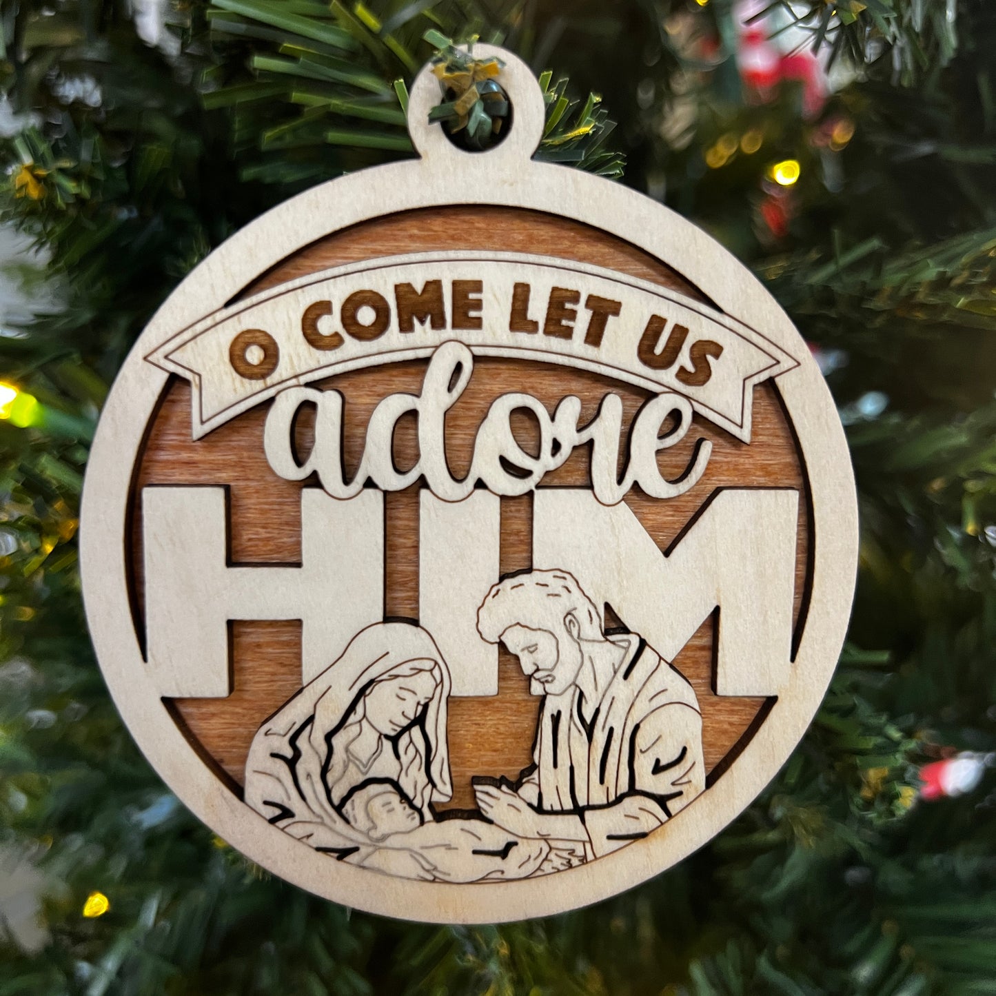 "O Come Let Us Adore Him" Wooden Layered Ornament / Magnet / Coaster